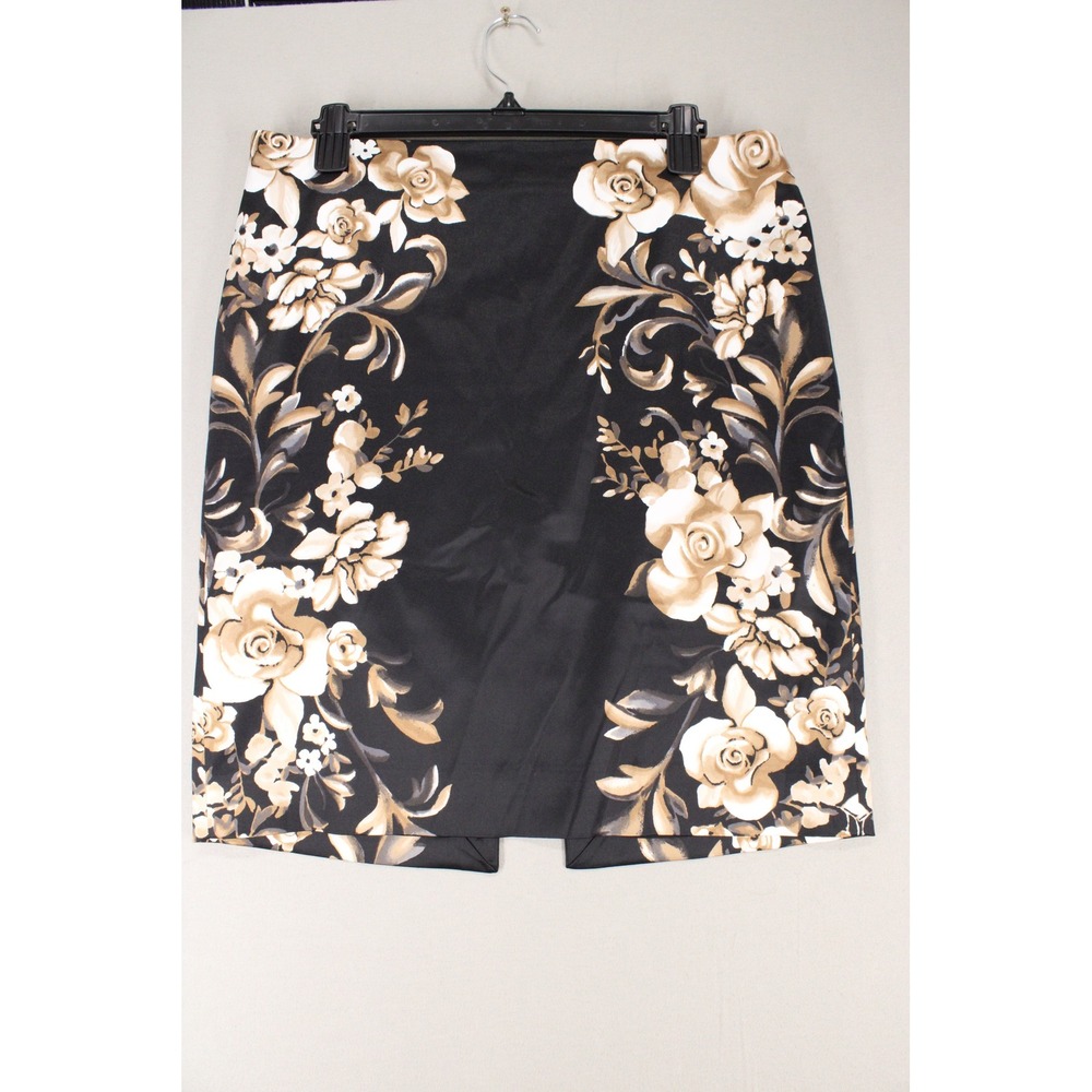 White House Black Market Pencil Skirt Women 10 Black Floral Sateen Workwear Chic